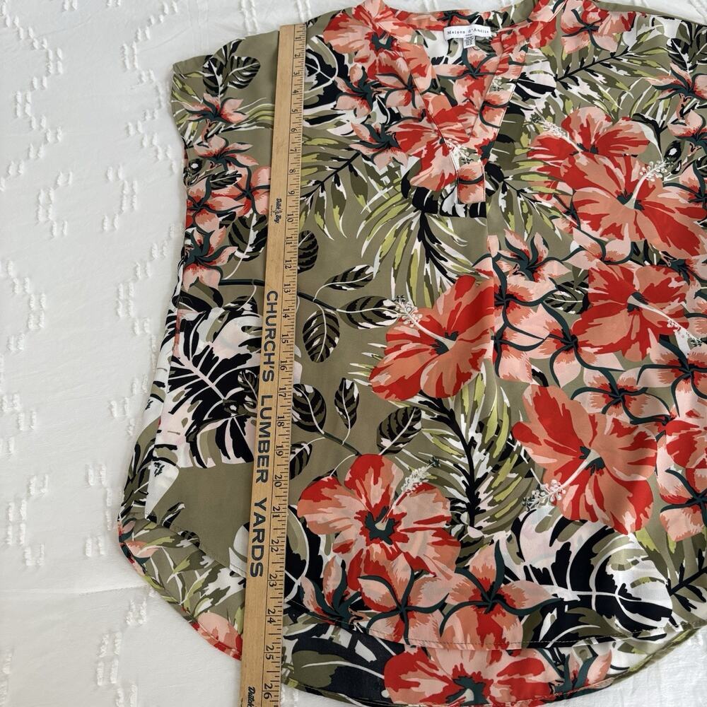 Maison d’Amelie Paris Tropical Floral Blouse Women’s M Olive Split Neck Top - Picture 7 of 10
